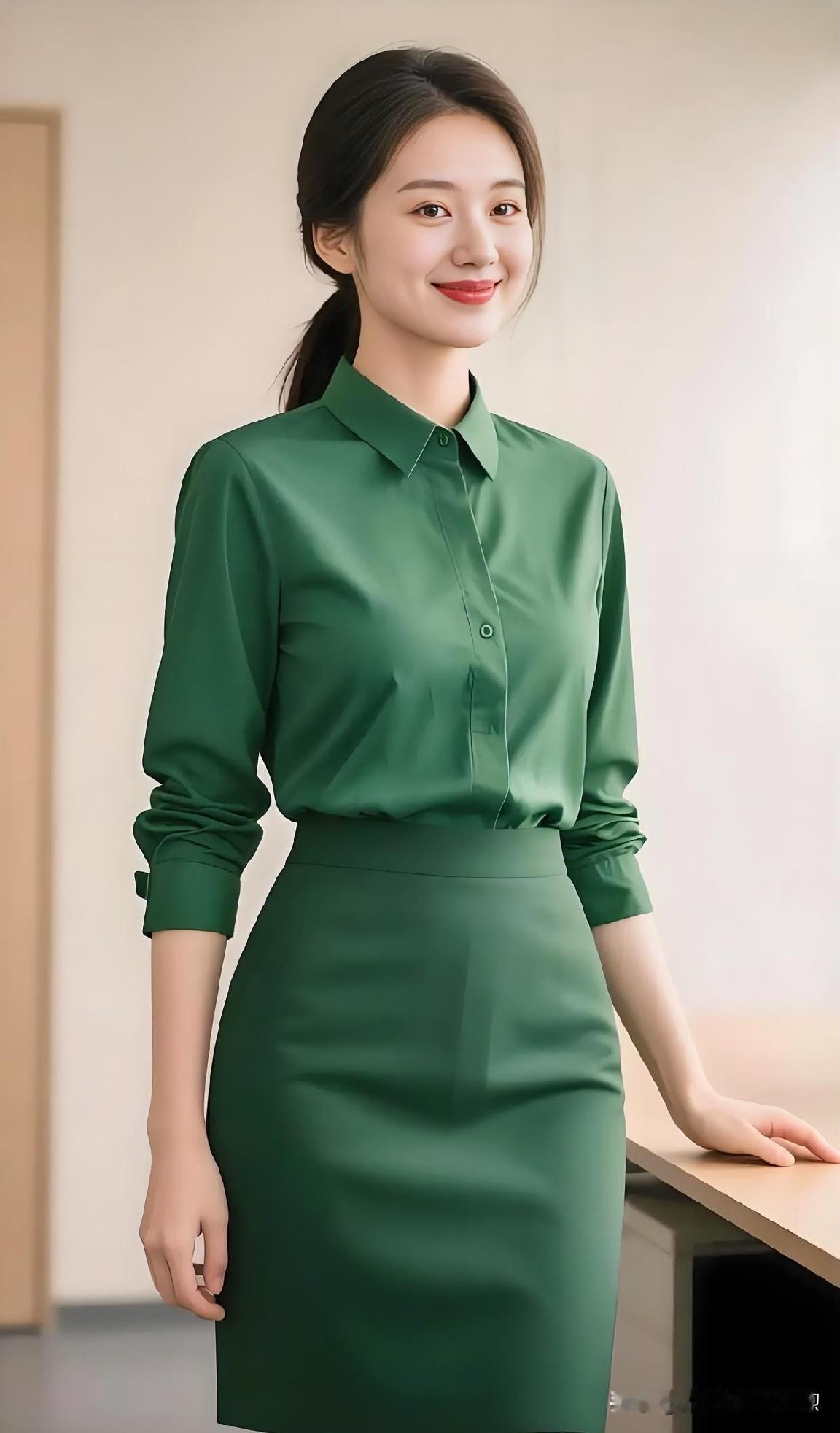墨绿裙装，沉淀岁月的芳华。简约的剪裁勾勒出曼妙身姿，温婉的笑靥如春风拂面。她静立