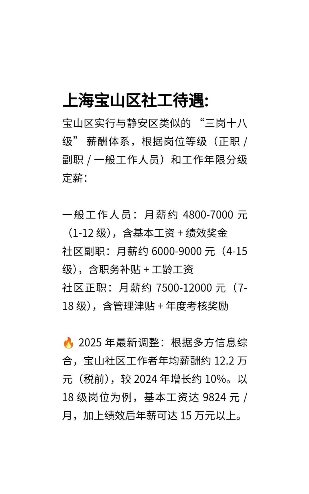 上海宝山区的社工待遇，实行的是“三岗十八级”薪酬体系。先看一般工作人员，月薪