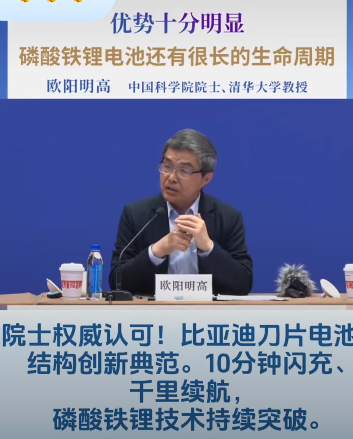 金涌院士力挺蔚来的换电模式，欧阳明高院士则盛赞比亚迪刀片电池的磷酸铁锂技术。两位