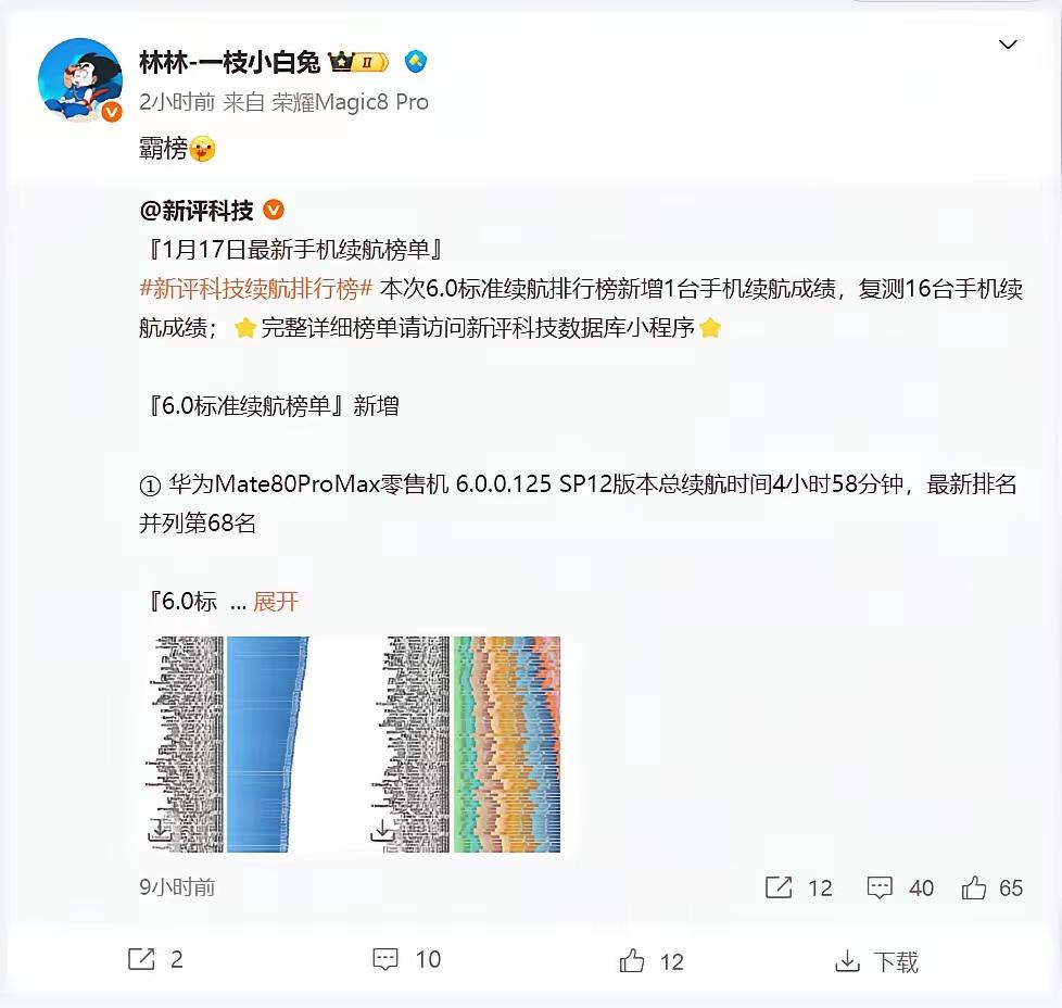 续航测试，还是要看新评科技。在最新的续航测试中，荣耀三款手机包揽前三，Magic