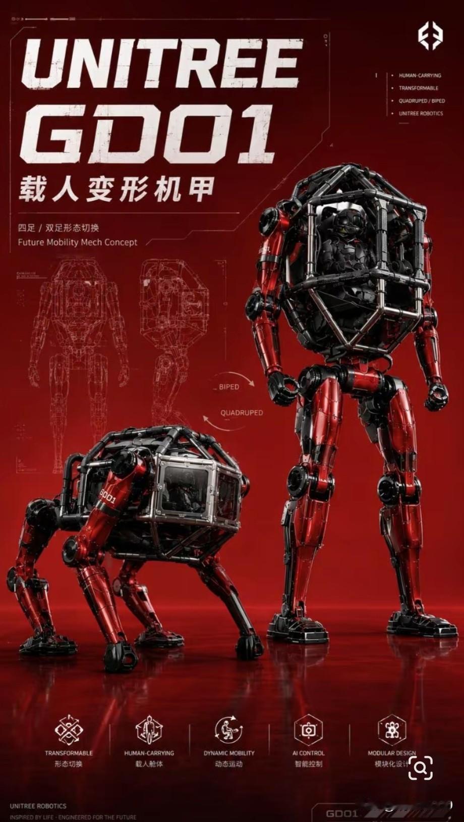 宇树这波直接把科幻片搬进了现实！他们发布的载人变形机甲GD01，堪称“钢铁巨兽”