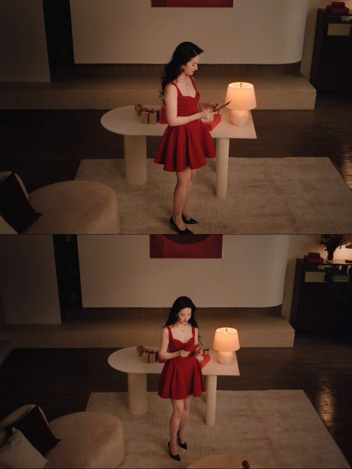 宝格丽刘亦菲新春夜幕下，刘亦菲身着正红长裙亮相，宝格丽珠宝层层叠搭，红宝石光泽