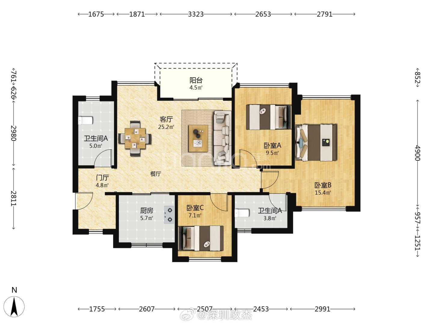 越秀潮樾府座　　落：1栋1单元楼　　层：高楼层建筑面积：93.8㎡户　　型：3