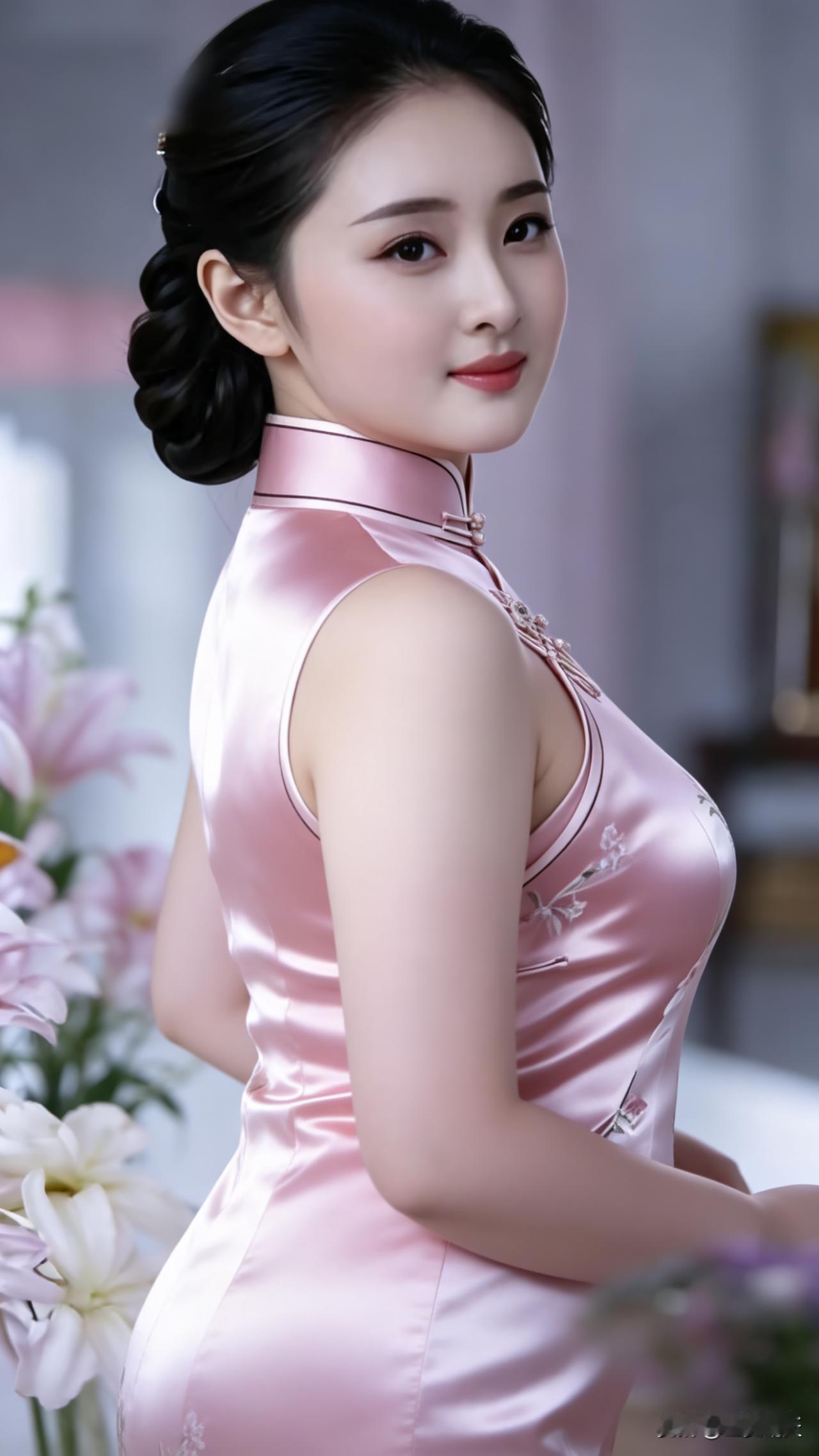 旗袍女子轻转身姿，粉色缎面旗袍随动作轻柔摇曳，暖柔光线勾勒温婉侧脸，体态丰腴圆润