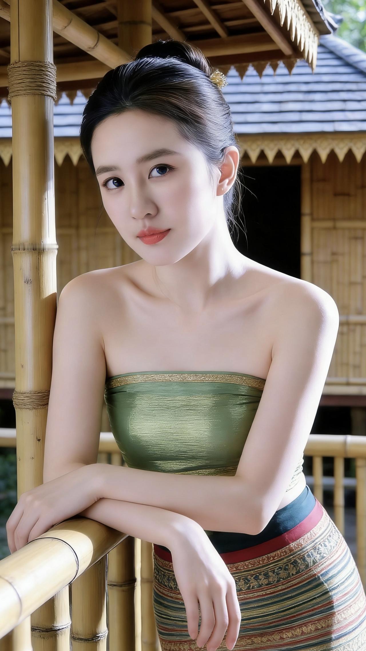 我站在澜沧江边的石阶上，指尖捏着筒裙的裙摆，风把织锦纹样吹得轻轻晃。身上的傣族服