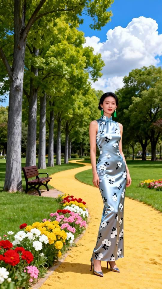 灰色花旗袍裙女子森林公园摆拍。旗袍旗袍美女
