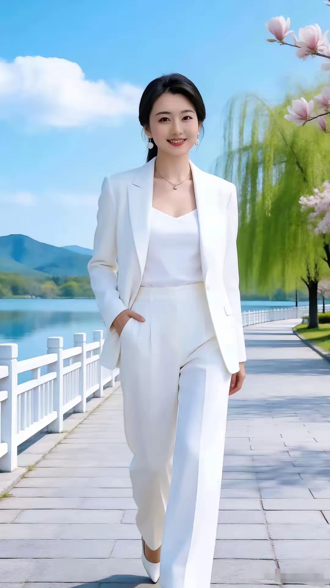 捣练子·赏春山叠翠，水悠长，玉兰风送柳丝香。白衣佳人湖畔立，满怀春色喜洋