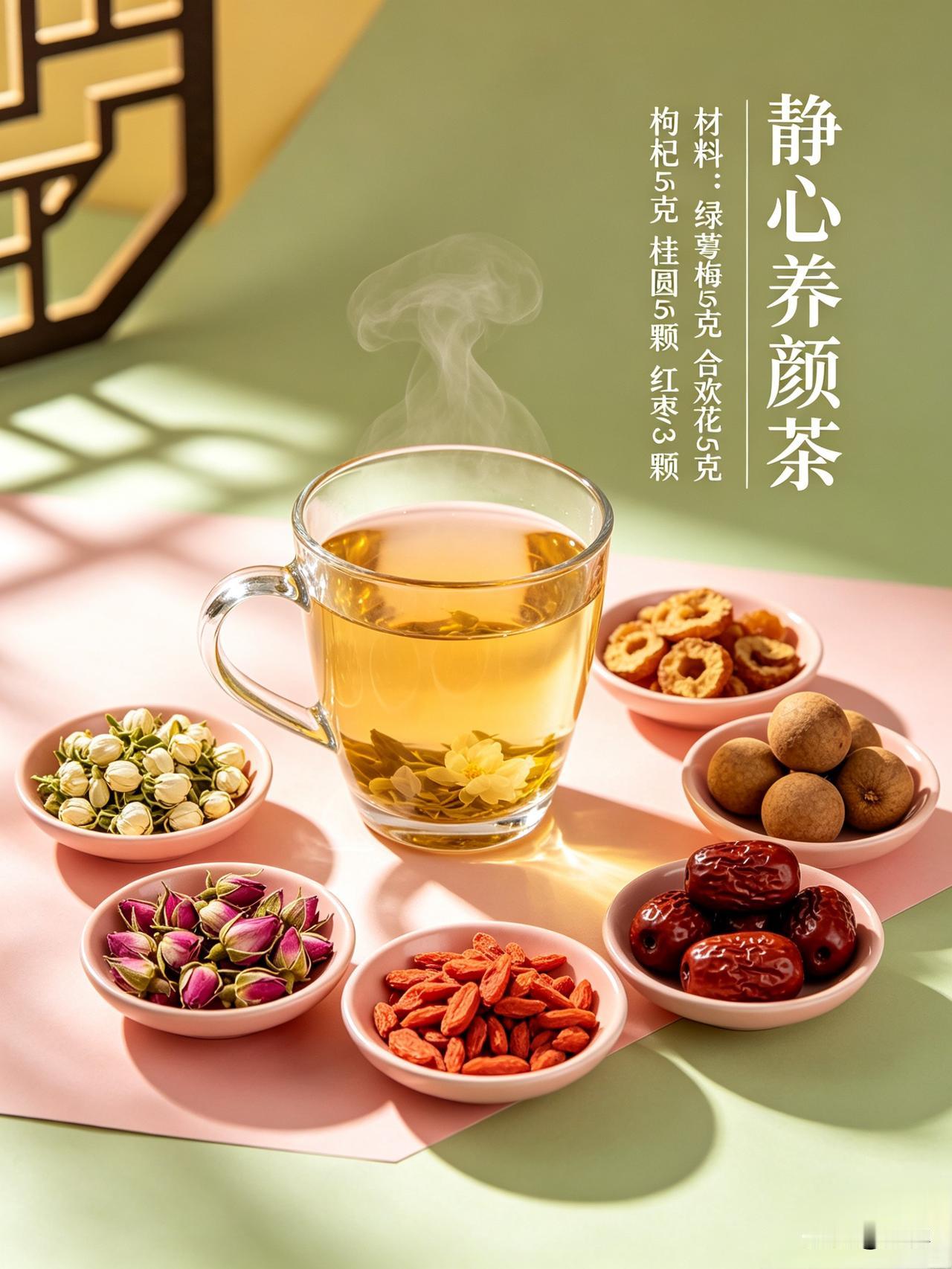 静心养颜茶材料：绿萼梅5克合欢花5克枸杞5克桂圆5颗红枣3颗做
