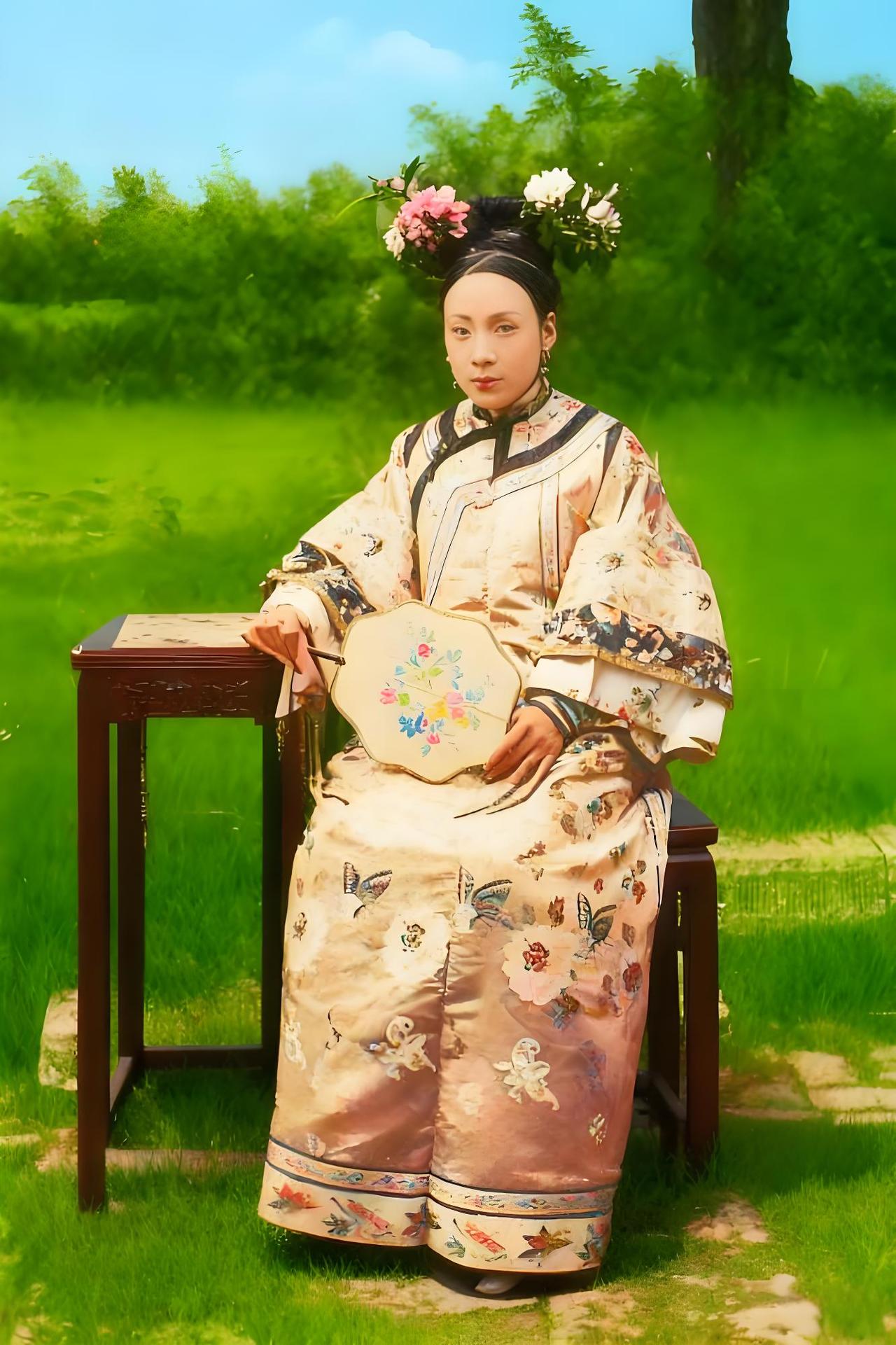 这张照片定格了一位清末满洲贵妇的典雅形象。她生就一副鹅蛋脸，唇上点着精致的小口红