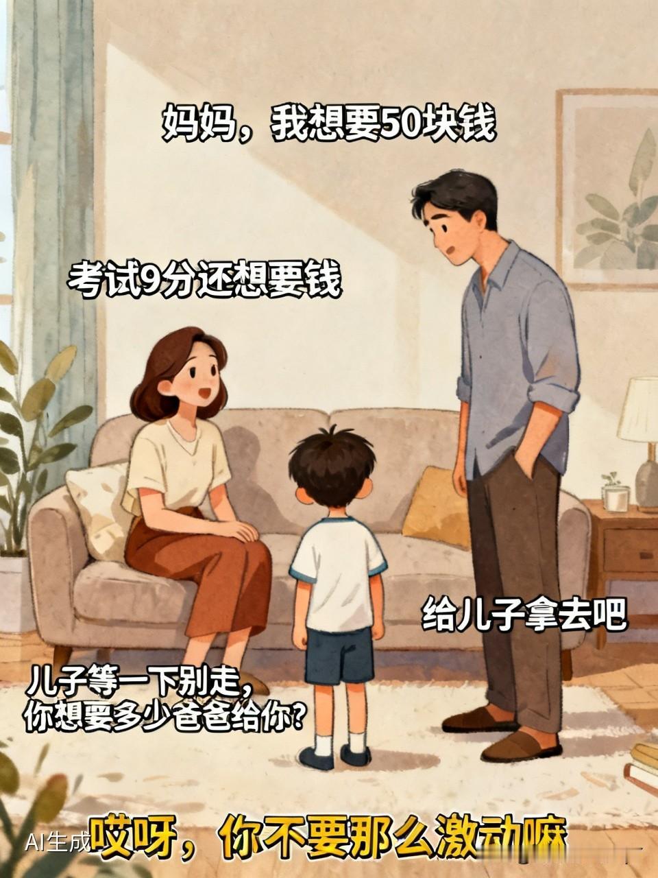 有个小男孩放学回家，对妈妈说：“妈妈，我想要50块钱。”妈妈生气地说：“你才考