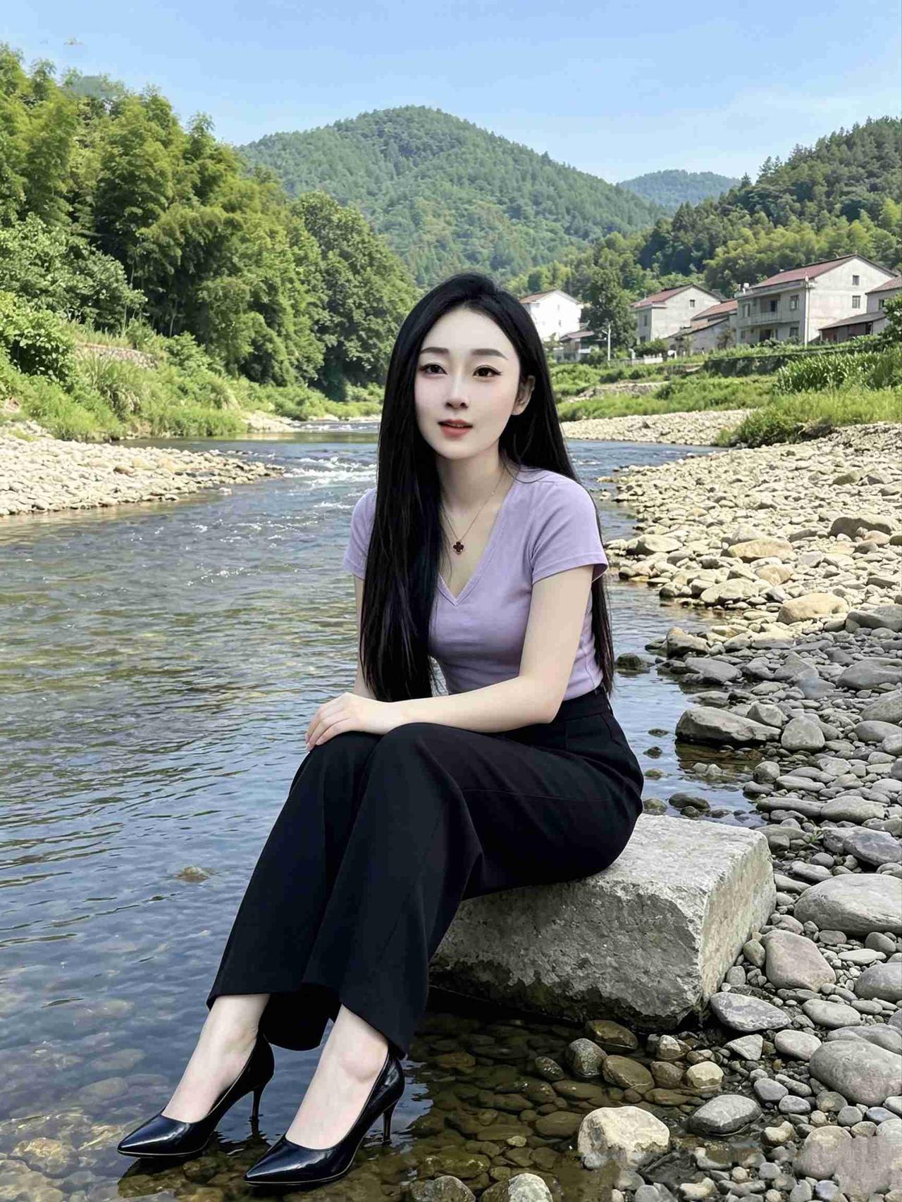 《溪畔闲坐》青山叠翠绕溪长，浅水流光映野塘。青石闲依临水坐，紫衫静对远山