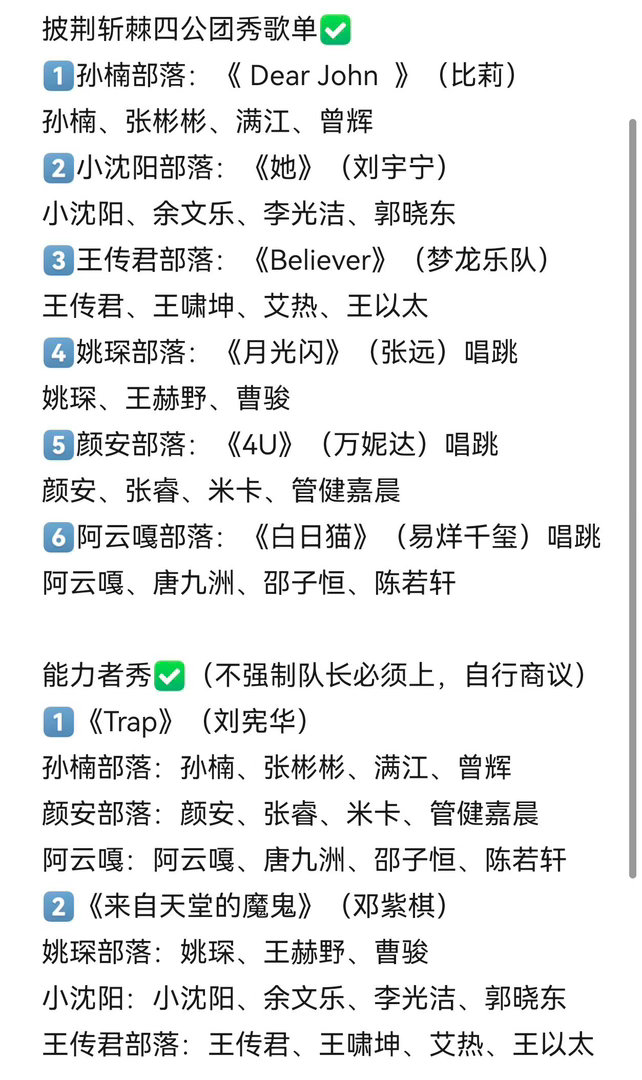 披荆斩棘四公选曲，赛制团秀＋能力者秀＋队长秀披荆斩棘四公团秀歌单✅1️⃣孙楠