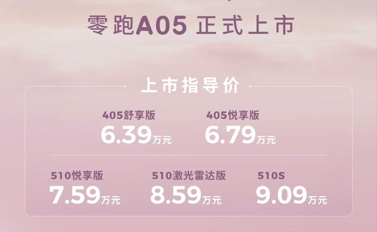 售价公布，零跑A05果然没有让全网失望。6.39万——9.09万！这是零跑A