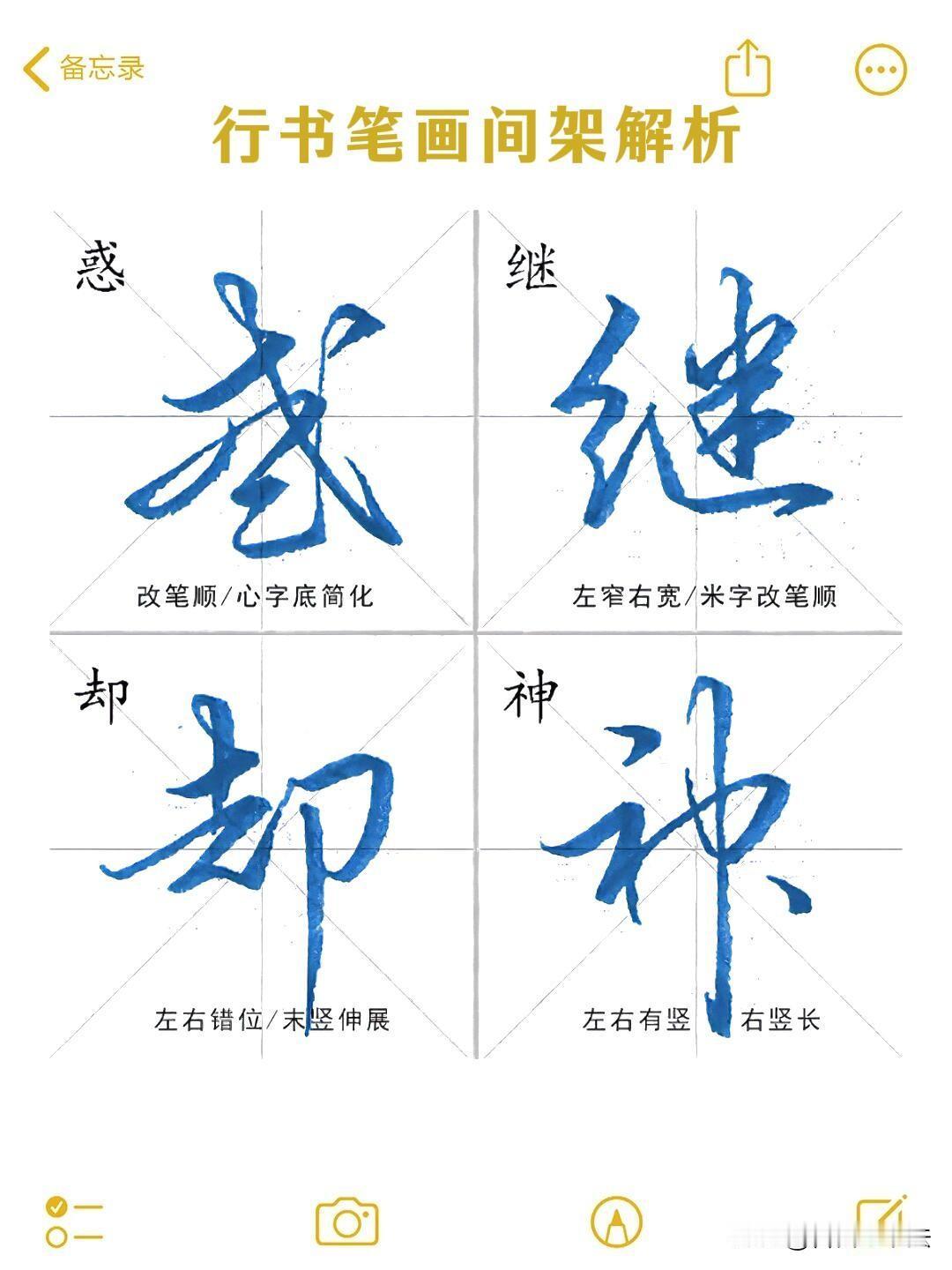 行书写不好，大多不是不会连笔，而是不懂间架规律。这份行书单字解析，把每个字
