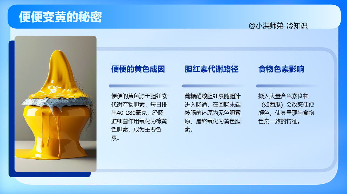 便便为啥是黄色的便便虽然恶心，但恐怕人人都免不了直视它，它的颜色通常是黄色的。有