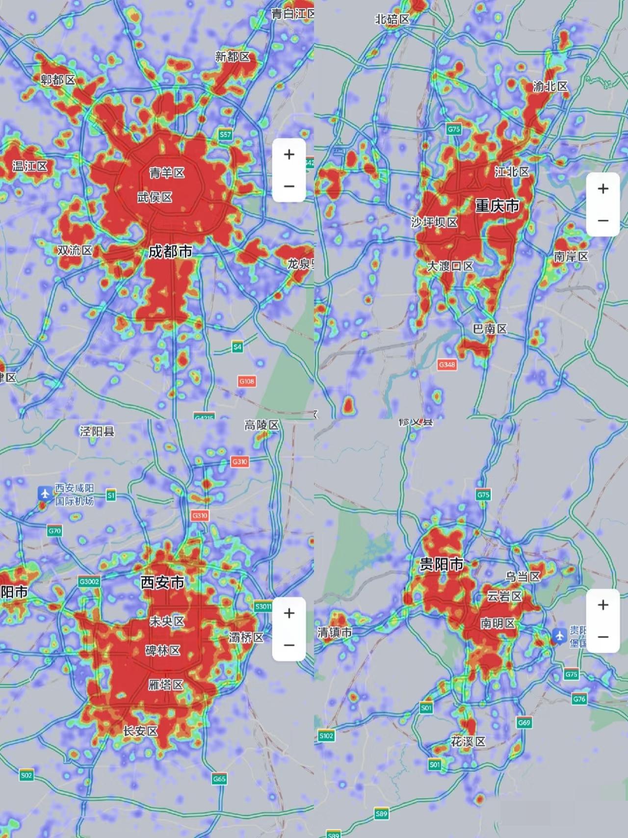 地图同比例平移。蓝紫色区域就是城市建设轮廓，成都最大最圆满（平原摊大饼优势）。红