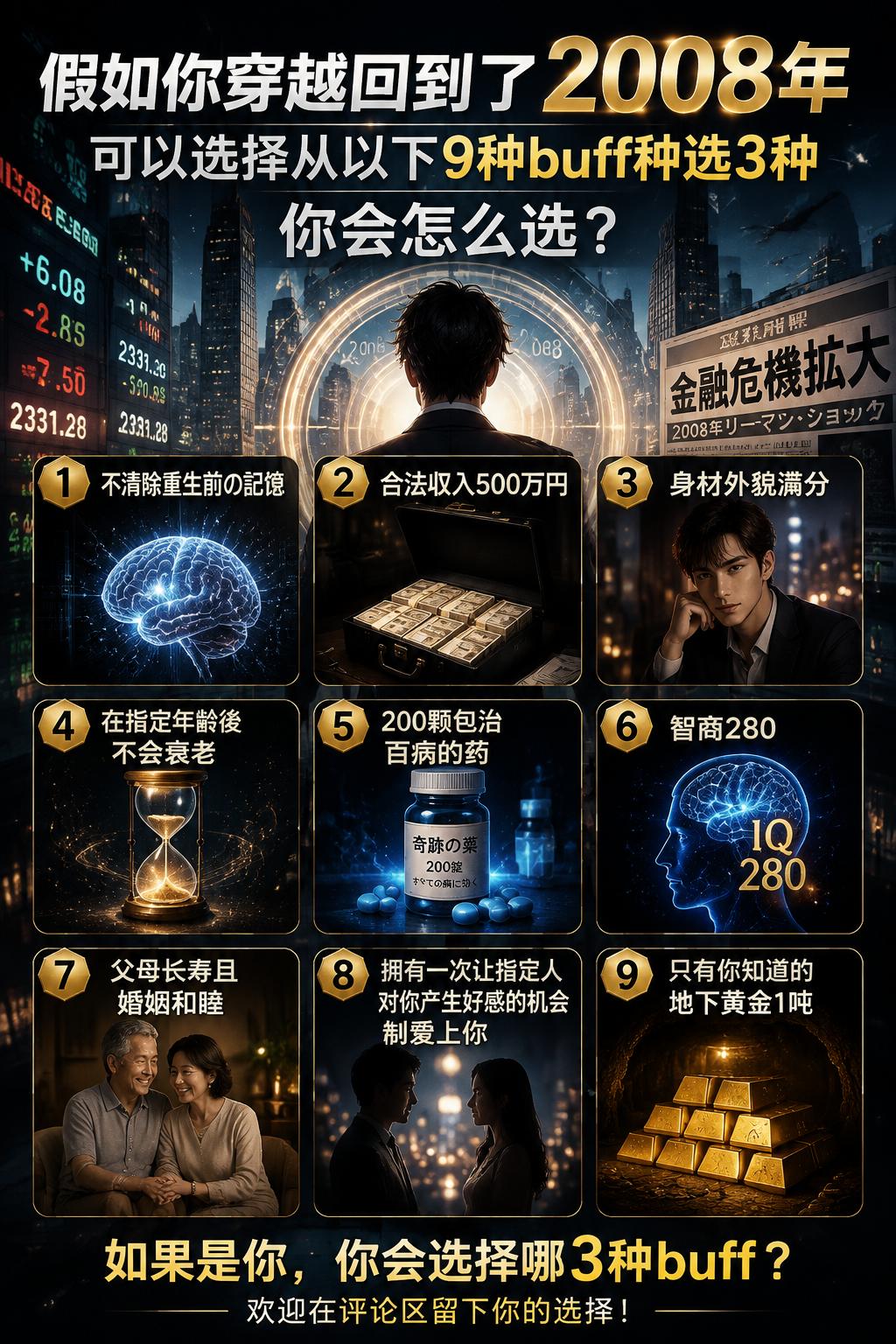 假如你穿越回到了2008年，可以选择从以下9种buff中选3种，你会怎么选？1