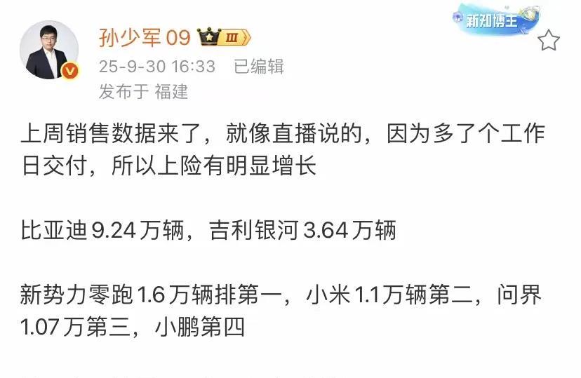 我的天啊！比亚迪真的是做到了一个打十个上险量上周9.24万，所有的新势力加起来