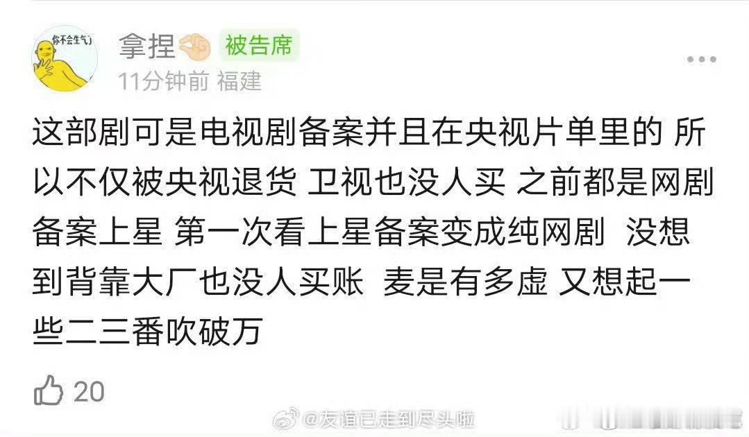 总结一下就是人不行价格又贵，质量也没硬到哪去所以直接网播了，不过这怎么可能是女主