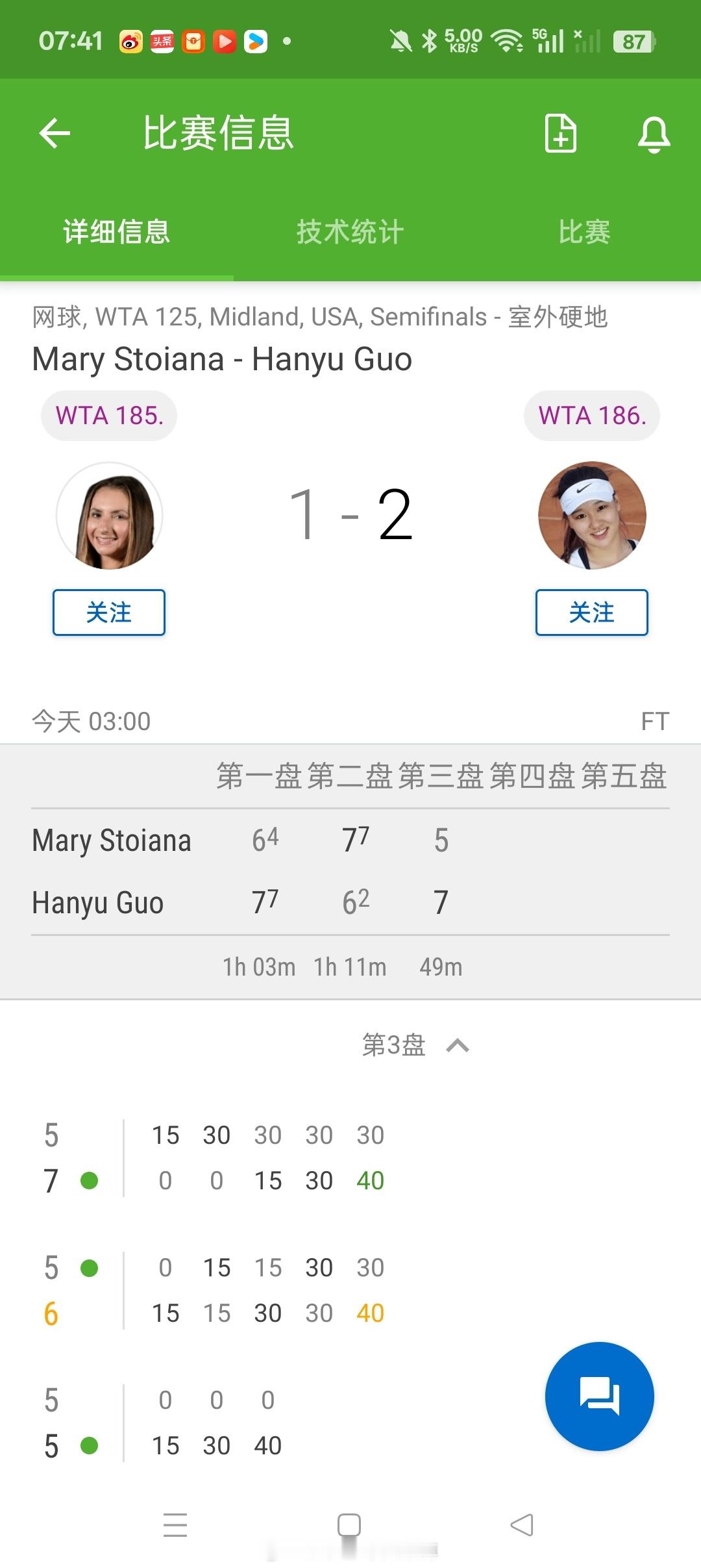 小花小草资讯【🇺🇸米德兰WTA125】女单半决赛🇨🇳郭涵煜7-6(4)