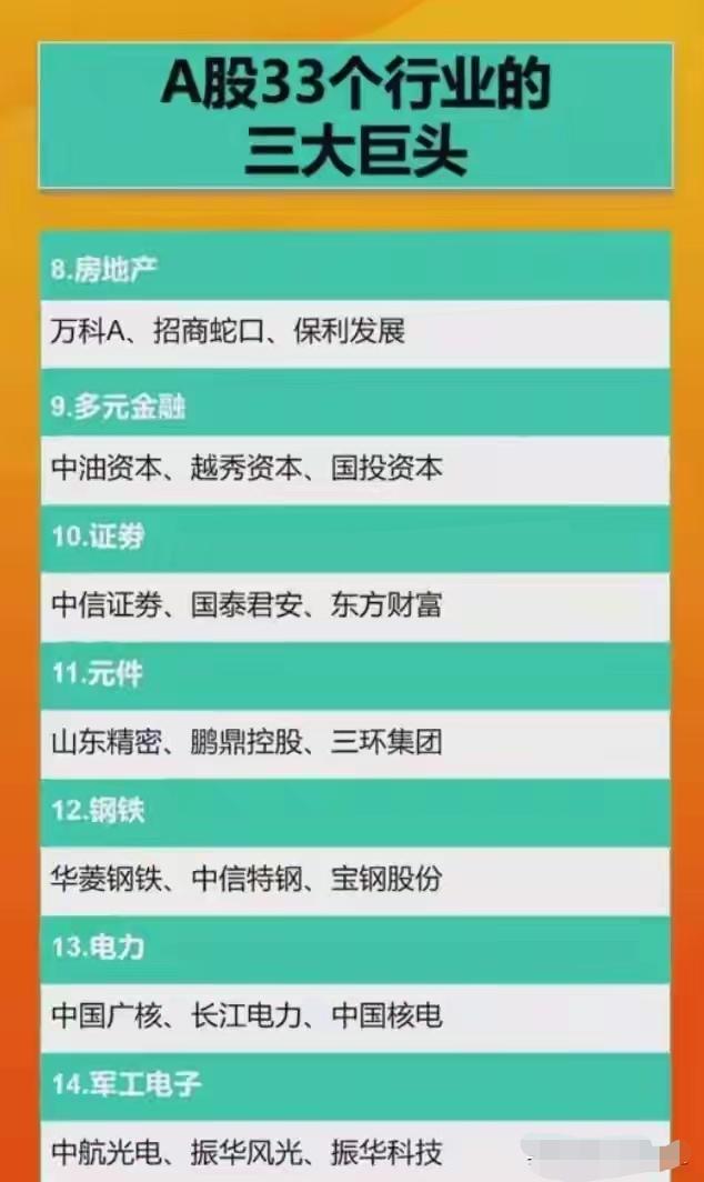 A股市场不同行业的龙头公司、细分领域的小金属龙头企业以及科技股全球领先的代表企业