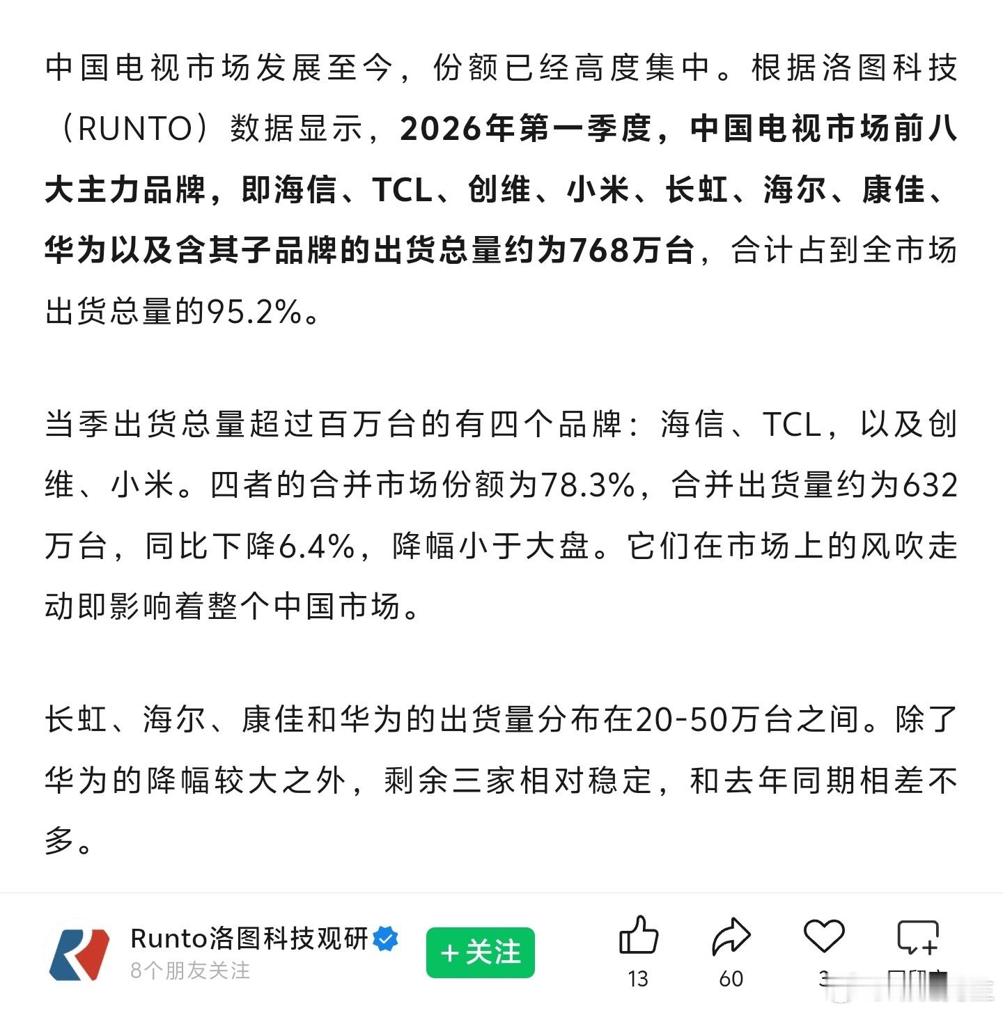 2026年第一季度电视市场，海信、TCL、创维、小米出货量都超过百万台，四家占市