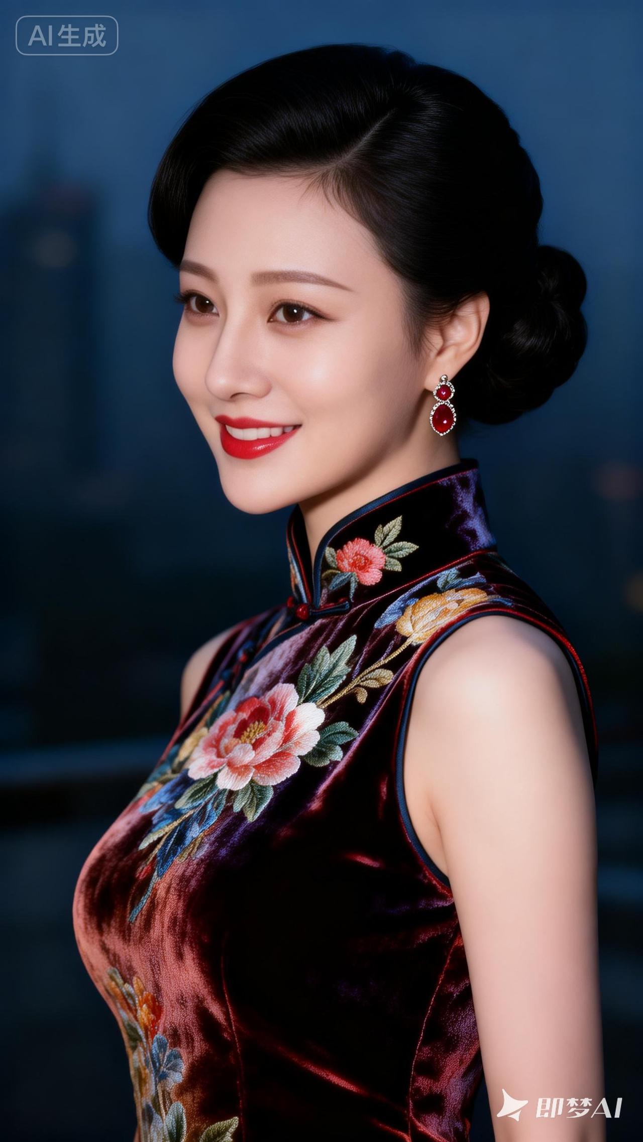 优雅旗袍照，红唇与花色相映成趣，尽显东方韵味！🌸💄