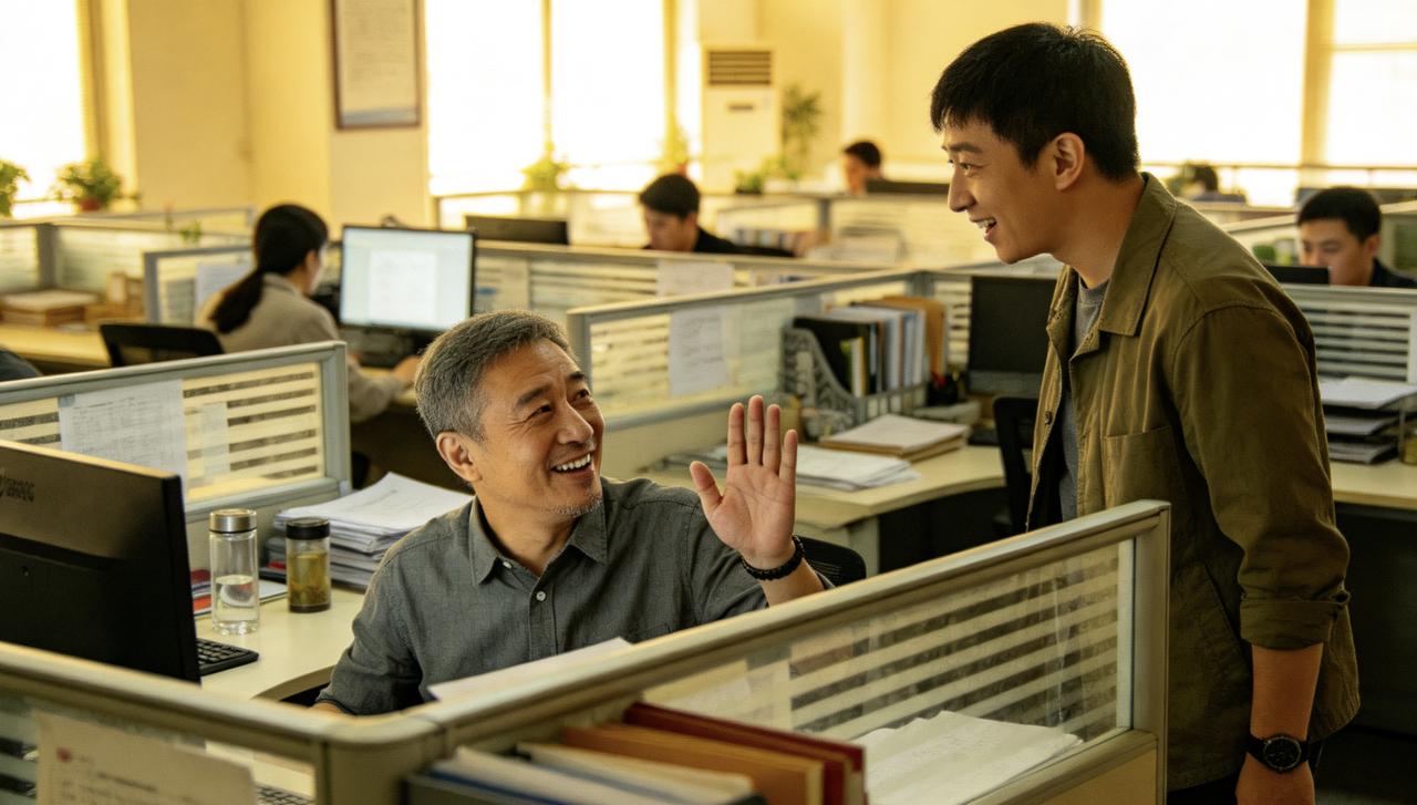 老张在公司呆了十五年。新来的小刘叫他“张哥”，他摆摆手：“叫老张就行。”年终