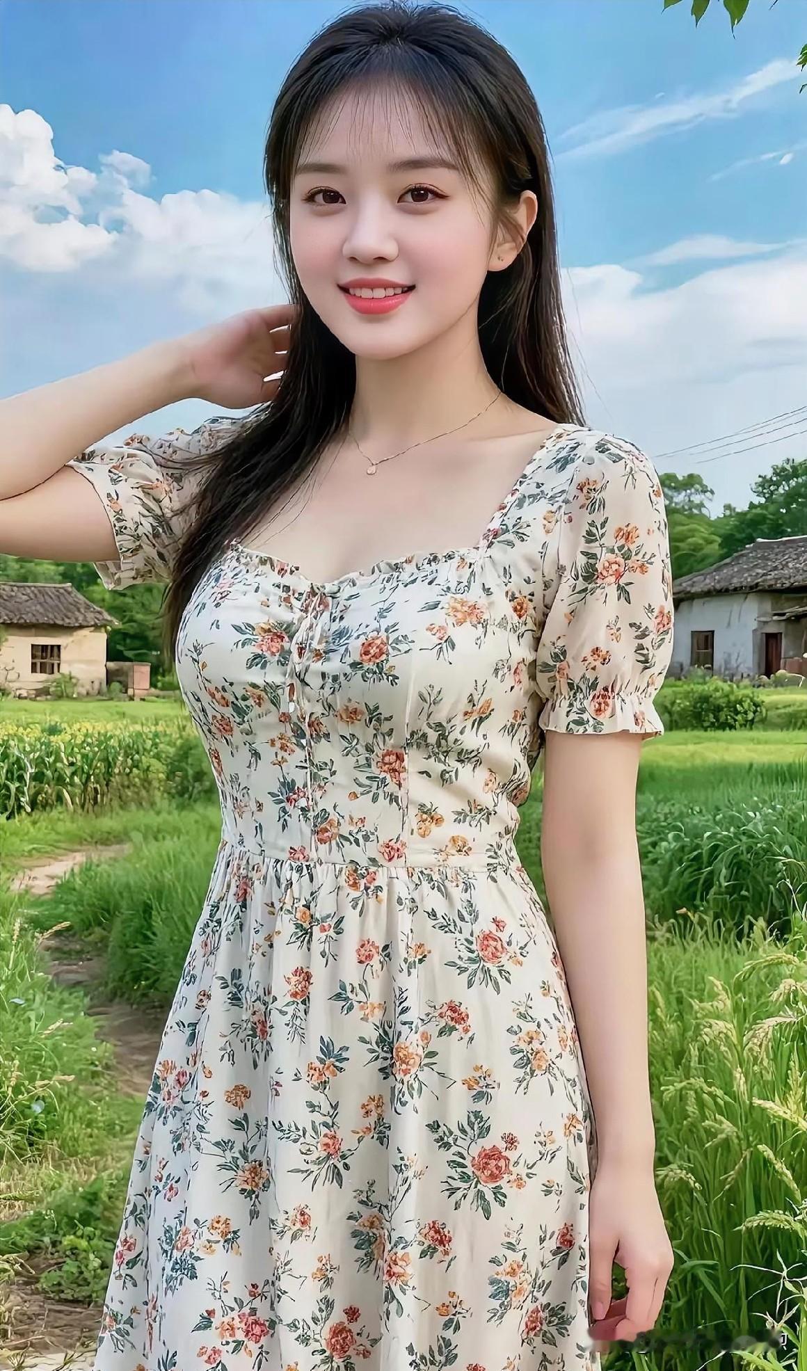 碎花长裙映衬着绿野蓝天，发丝轻扬，笑容明媚。清新田园风里，尽显少女的纯真与夏日的