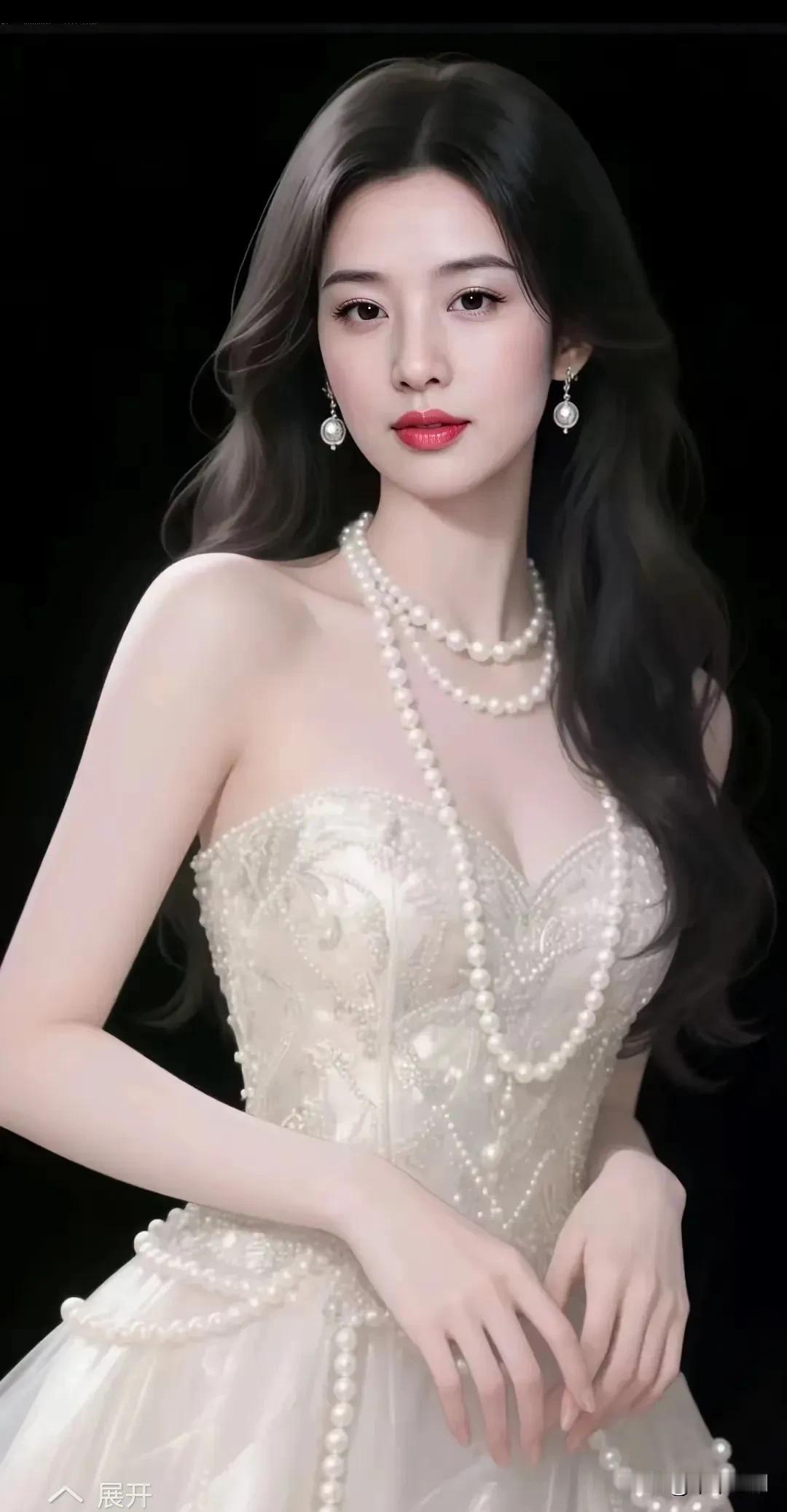 白纱裹着珍珠的柔，颈间链串轻垂肩线。红唇衬着墨发，把冷调背景里的温柔，酿成一帧皎