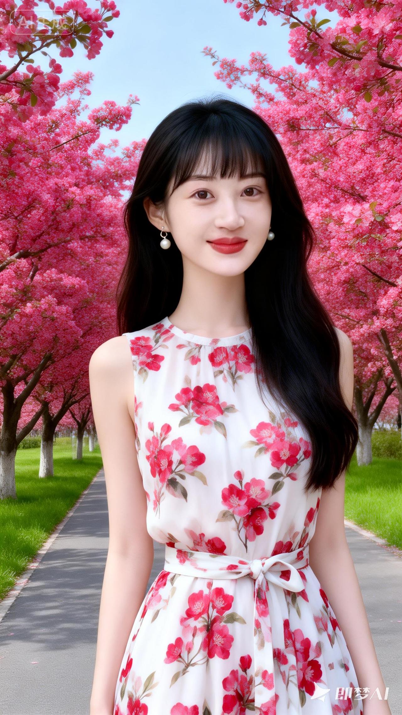 樱花树下，少女微笑，春日浪漫，粉色花海。