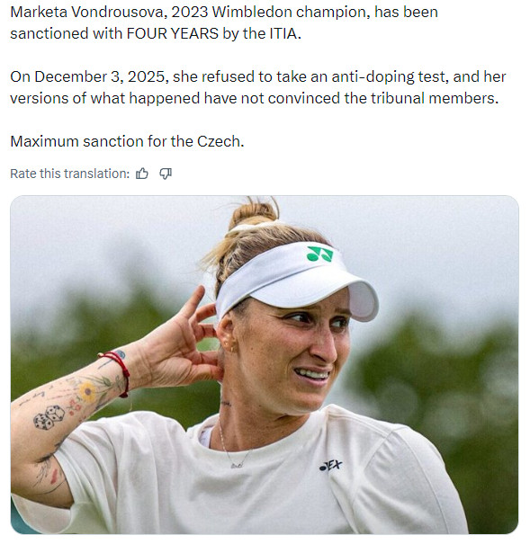 顶格重锤！万卓索娃去年年底拒绝药检事件的判决出来了，由于球员提供的拒检理由无法说