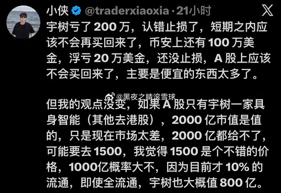 “小侠”在社交平台发文，自曝在宇树科技（688836）上亏损200万元，已认错止损，短期之内不会再买