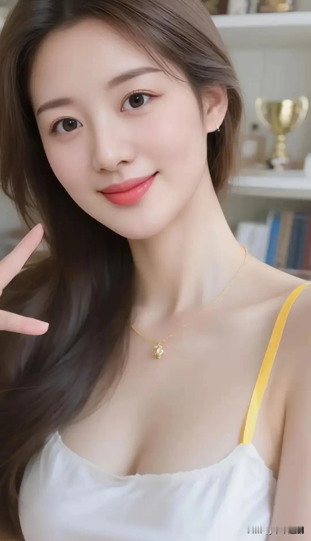 指尖比出的俏皮，融在温柔笑意里，白衫黄带的点缀，是日常里的明媚小确幸。中年女性