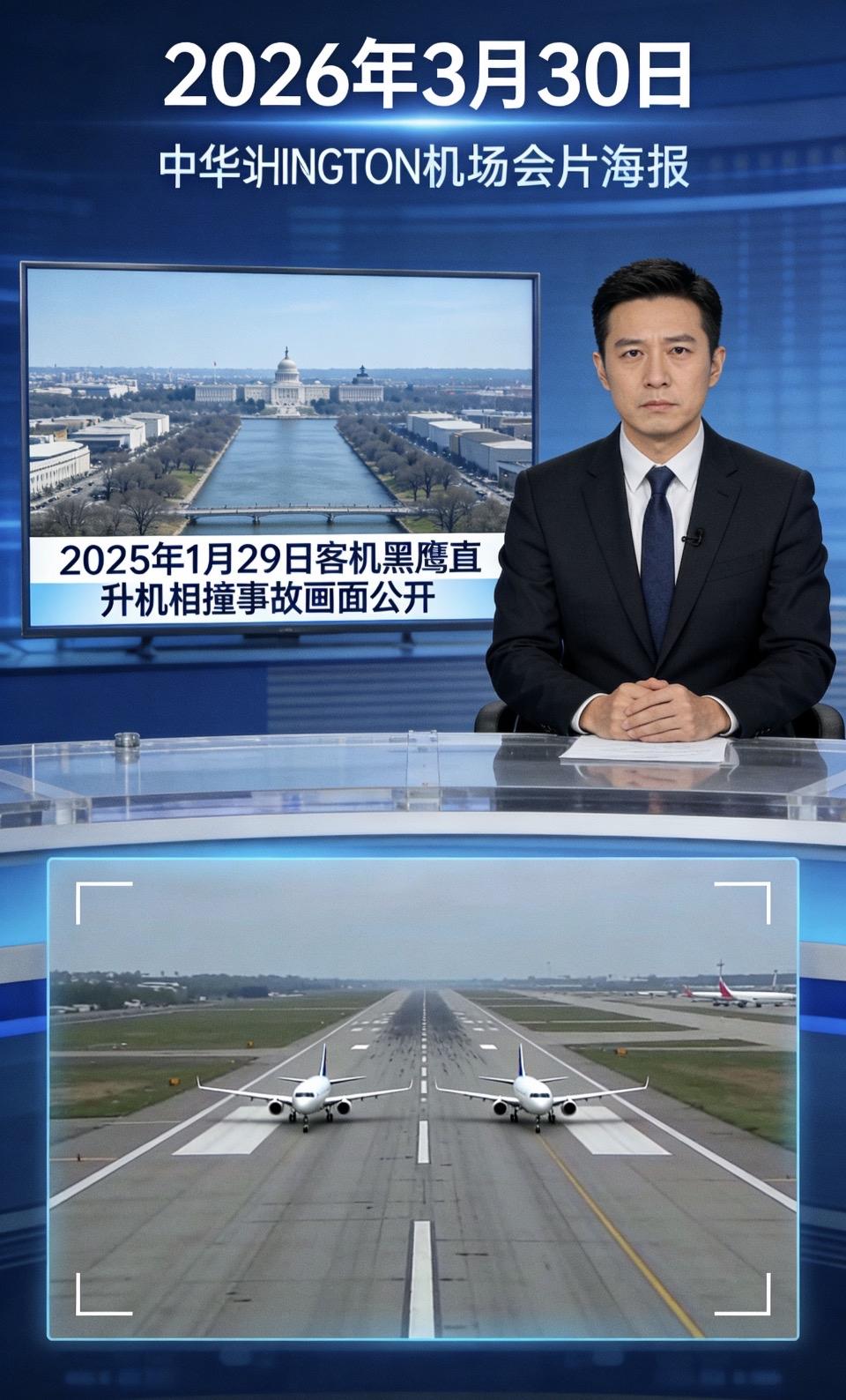 2026年3月30日，华盛顿机场客机相撞事故画面公开画面中，两架客机在跑道上高速