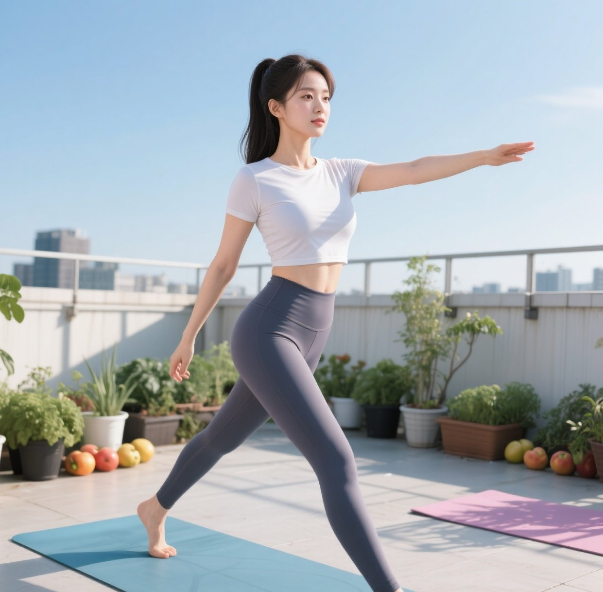 丰满美眉运动写真，天台阳光下的健康美