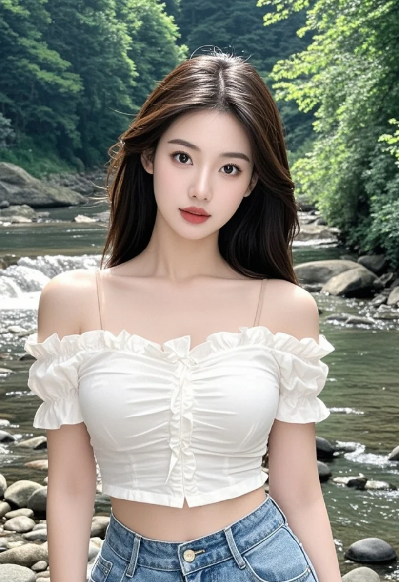 溪边的她，眼神中藏着故事