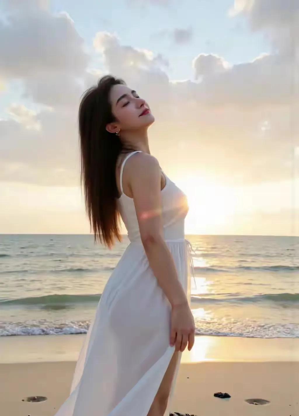 海边日落，白裙飘飘，享受宁静时光