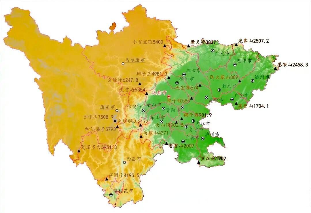 四川各地市州山脉最高峰示意图。受地形条件影响，最高峰海拔在1000米以下的，仅盆