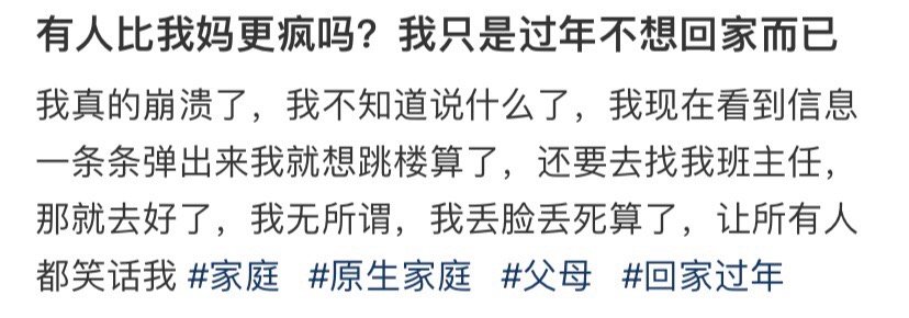 有人比我妈更疯吗？我只是过年不想回家而已