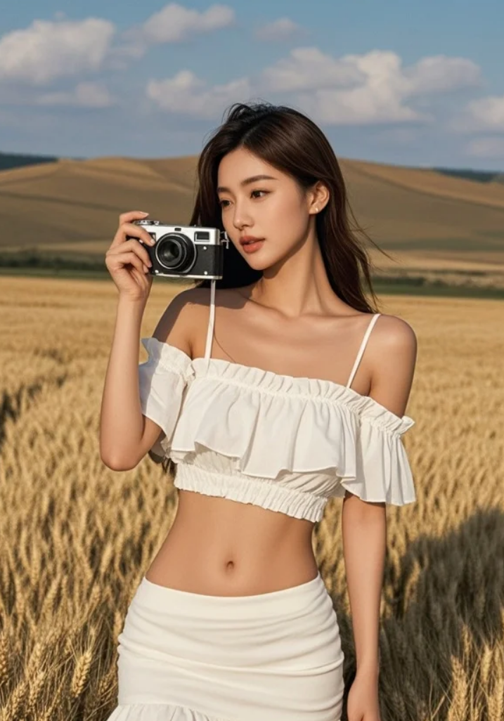 她仰望，云朵在麦浪上投下影子，如同思绪飘过心田。