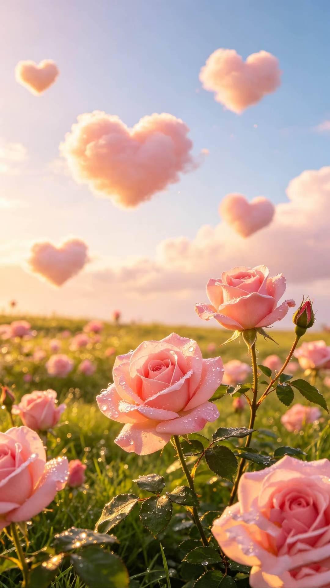 梦幻粉玫瑰，心形的云朵，浪漫的午后时光。🌸💖