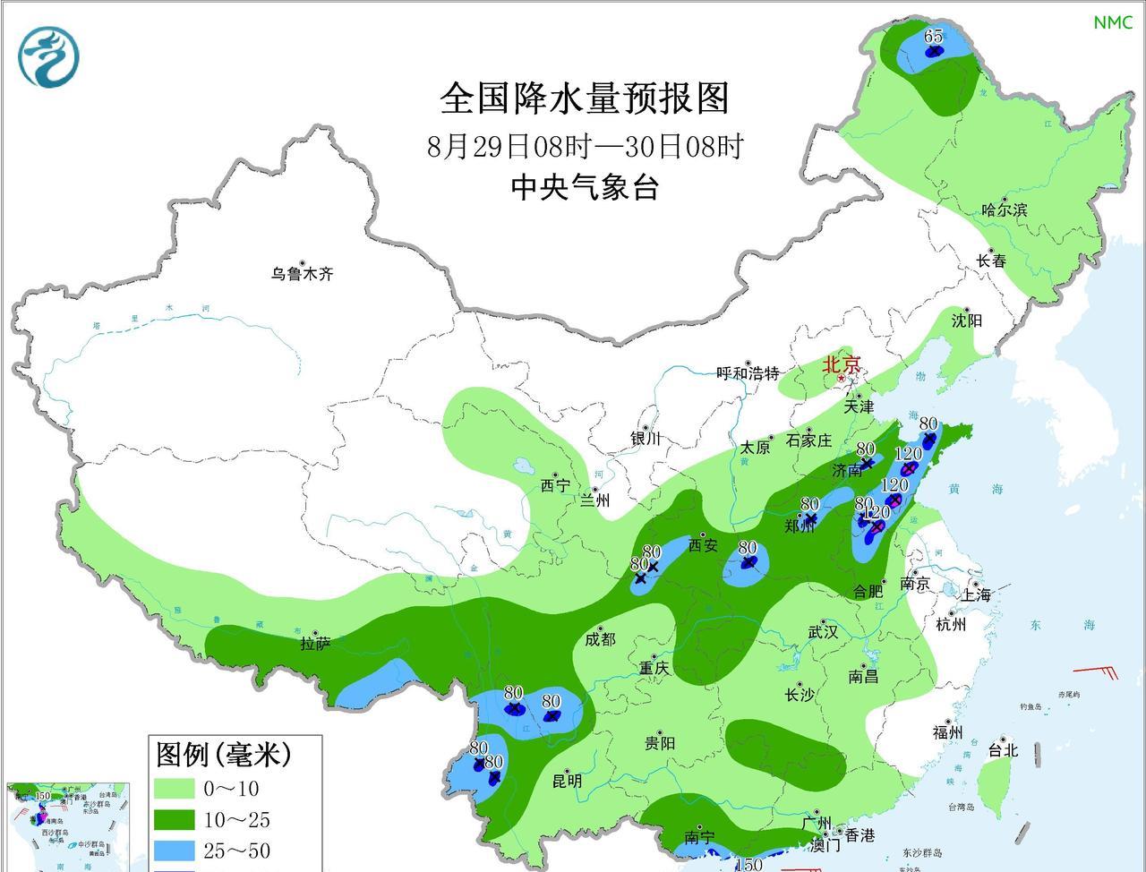 未来三天，雨带持续南压，从陕南黄淮南落至长江中下游地区。同时，南方高温区域显著缩