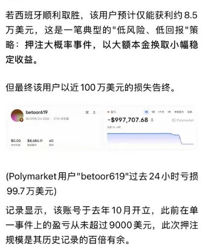 世界杯有人买100万美元（约合人民币676万元）西班牙icon胜，中奖能拿到8.