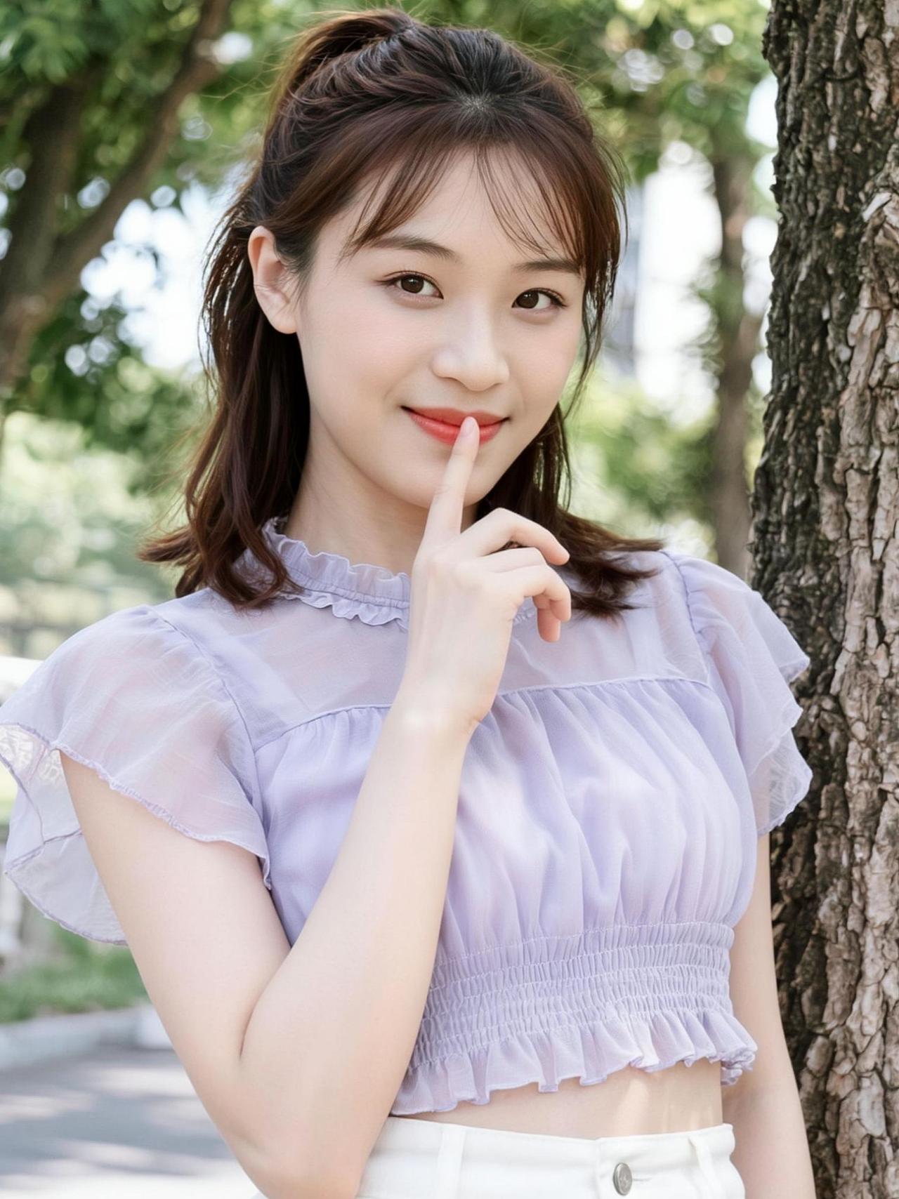 阳光透过树叶洒下斑驳的光影，仿佛为这紫色的上衣镀上了一层梦幻的色彩。微风轻拂，发