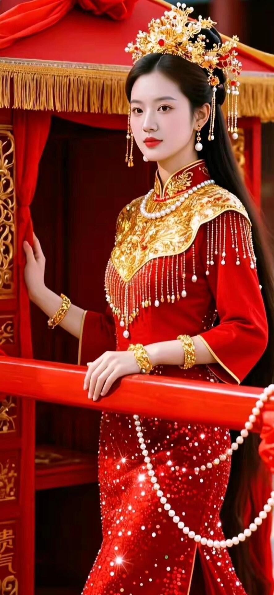 穿越时空的古典美人，一袭红衣，金光闪闪，惊艳绝伦！