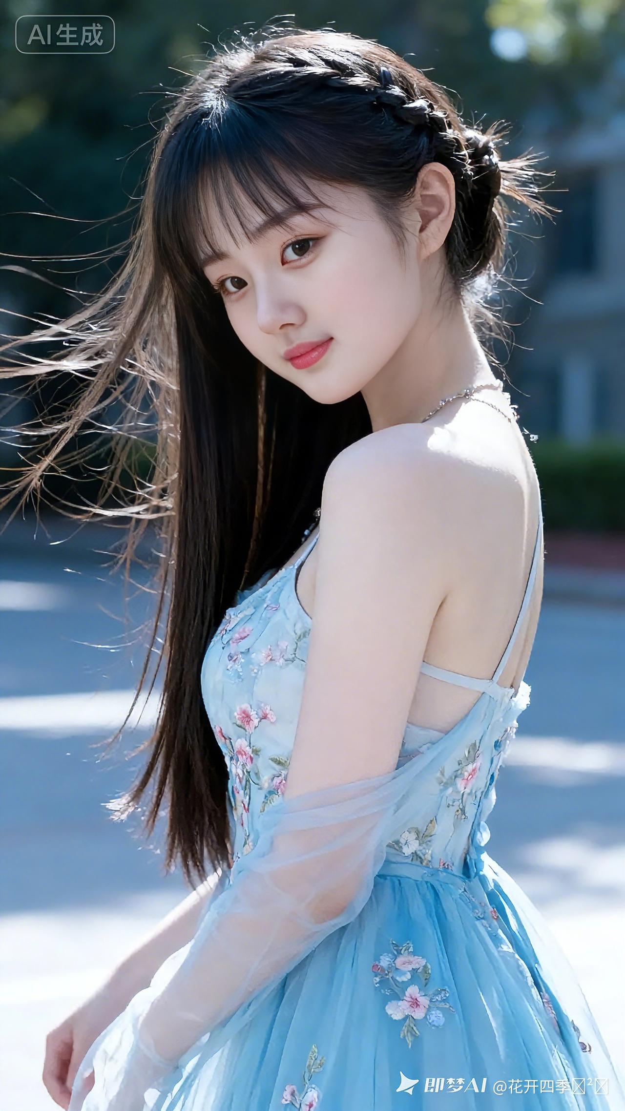 蓝裙少女柔发轻编鬓边垂，缕缕随风漫空飞。弯弯眉目清如涧，浅浅樱唇笑意微。