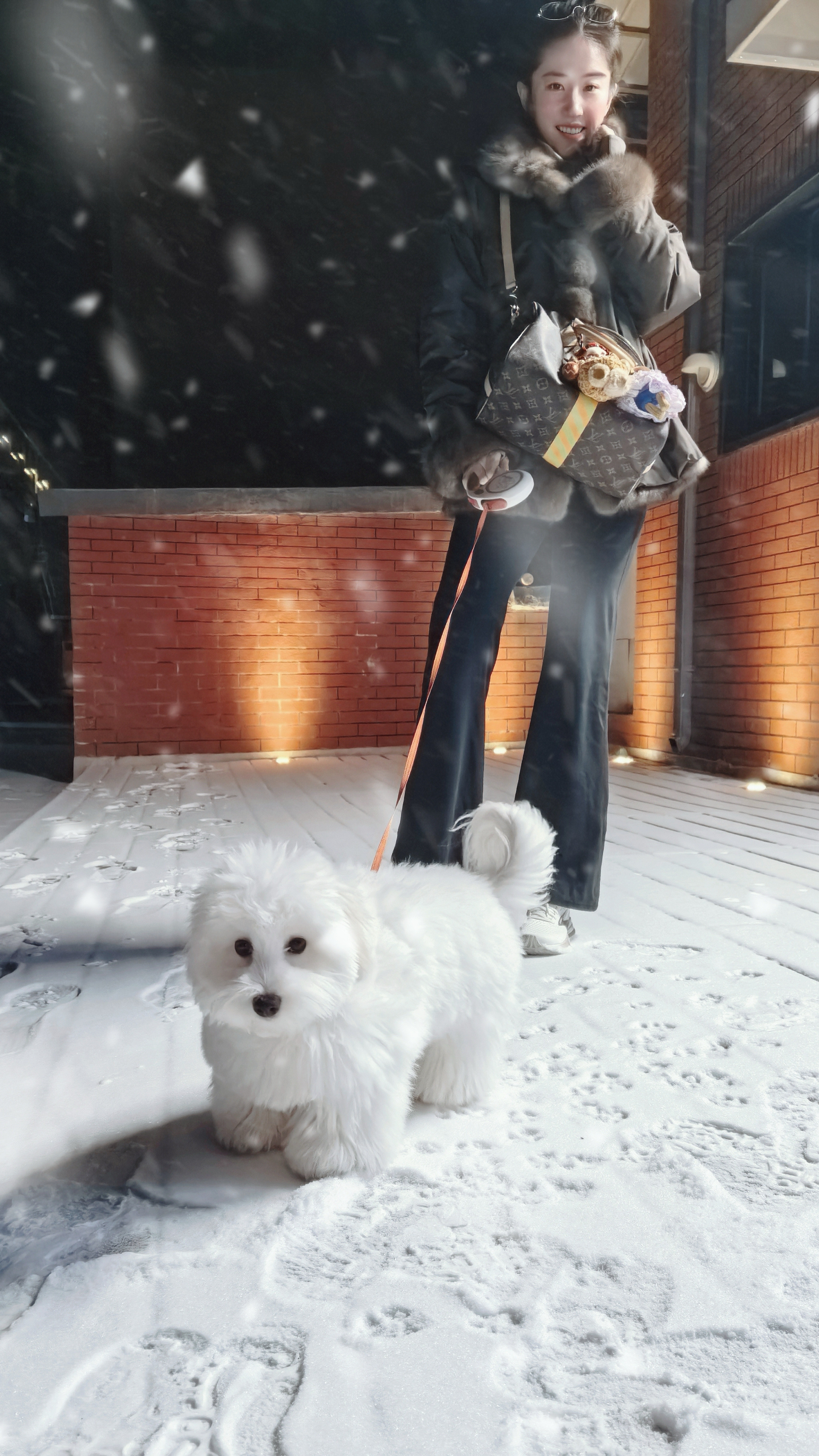 刘亦菲晒初雪哈哈合照老婆，玩雪玩狗也玩玩我啊我也要做老婆的小狗，汪汪汪～汪汪汪