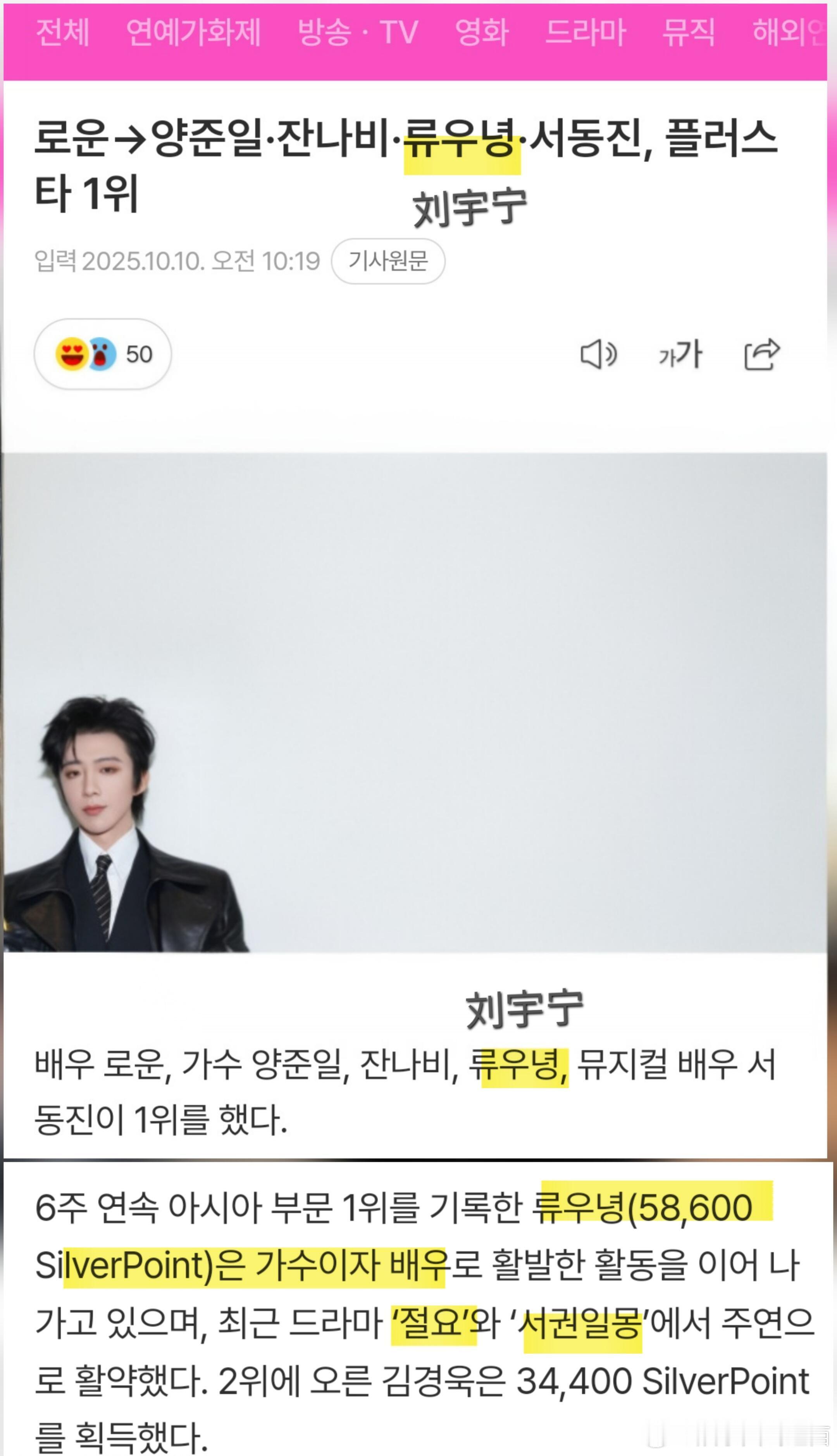 刘宇宁在韩国连续6周荣获亚洲部门第一🏆连续6周在亚洲部门夺得第1名的刘宇宁（