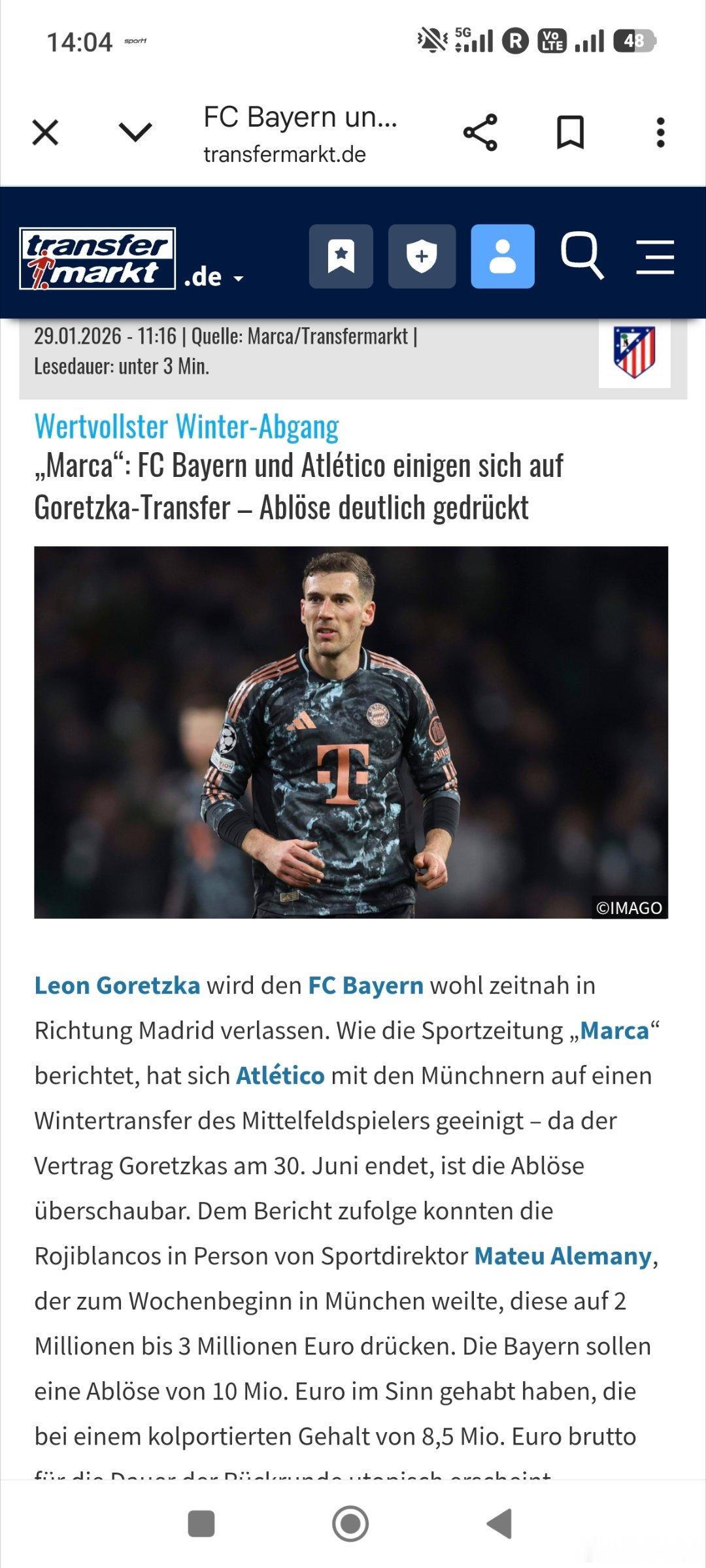 [拜仁马竞可能就格雷茨卡达成协议］马卡报道称拜仁和马竞本周就格雷茨卡转会进行了谈